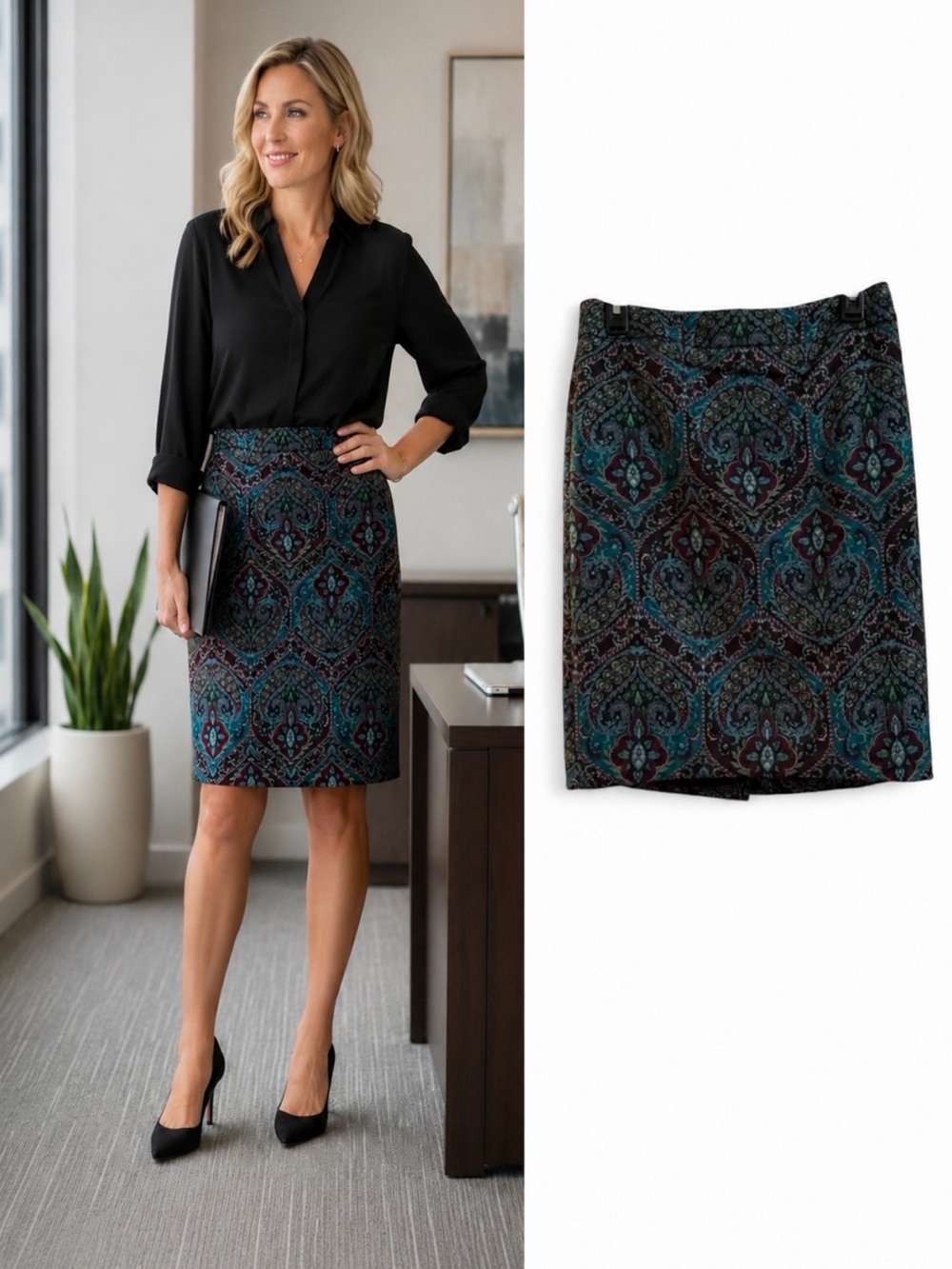 NWT Talbots Petites 4P Paisley Pencil Skirt Teal Burgundy Lined Career Office